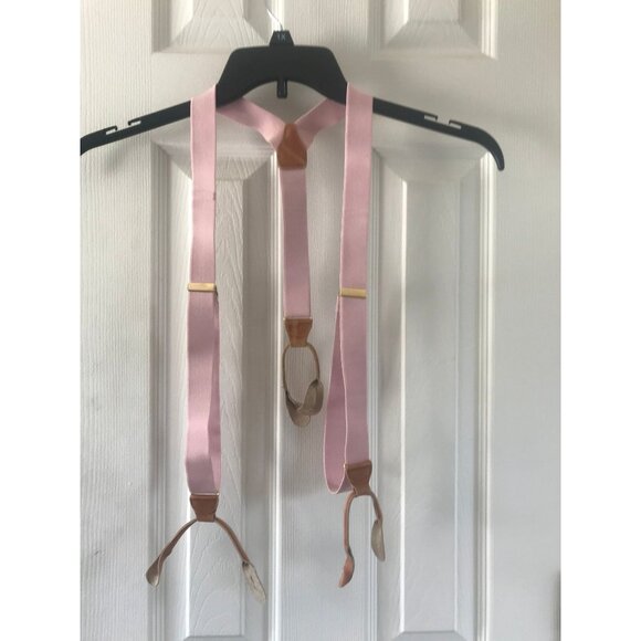 Vintage Pink Suspenders Leather Elastic Braces Gold Tone Hardware - Picture 1 of 9